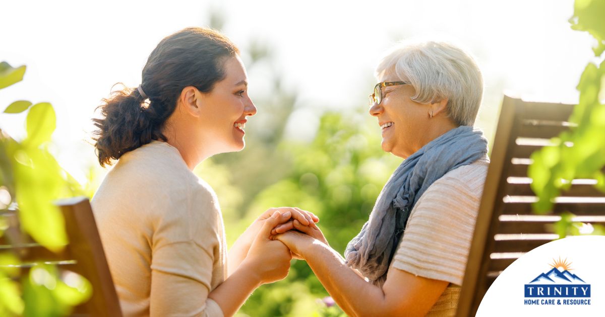 Caregiver provides at home senior services to an elderly loved one